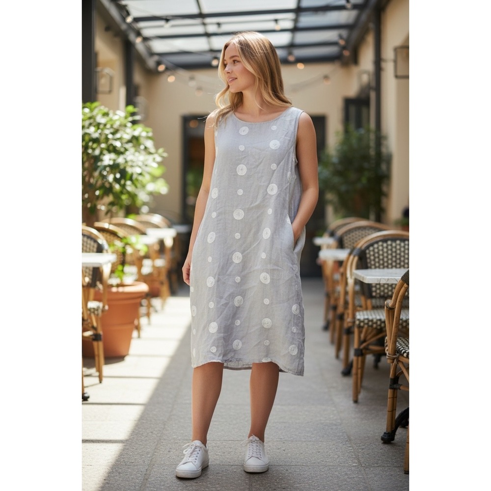 Lina Tomei Italy Grey‎ Linen Polka Dot Sleeveless Shift Midi Dress Womens Sz L